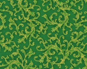 Robert Kaufman - Holiday Flourish (14) - Swirls Green Metallic Fabric - Metallic Cotton Fabric