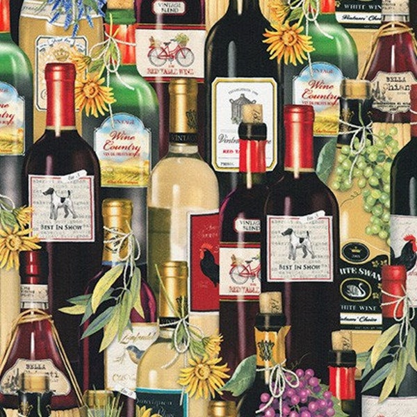 Robert Kaufman - Uncork And Unwind - Wine Bottles Fabric by Mary Lake Thompson - Cotton Fabric