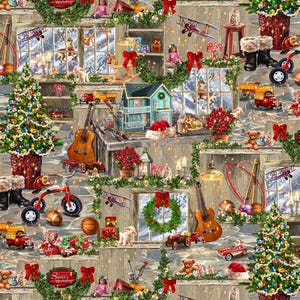 以下が含まれることがあります： クリスマスのテーマのイラストで、ワークショップのシーンが描かれています。ギター、おもちゃのトラック、テディベアなど、さまざまなおもちゃが写っています。クリスマスツリー、リース、そして「サンタのワークショップ」というテキストも含まれています。