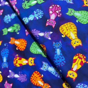 Star Gazing - Colorful Tossed Cats - Digital Print - Cotton Fabric