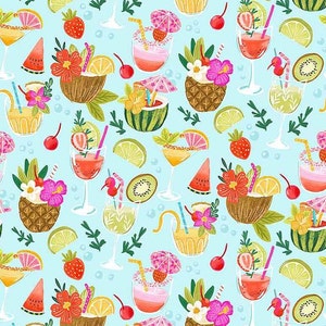 Timeless Treasures - Forever Summer - Tropical Cocktail Drinks Fabric by Olivia Gibbs - Digital Print - Cotton Fabric