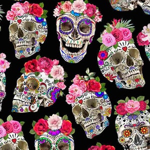 Day Of The Dead - Dia De Los Muertos - Skulls With Flower Crowns - Digital Print - Cotton Fabric