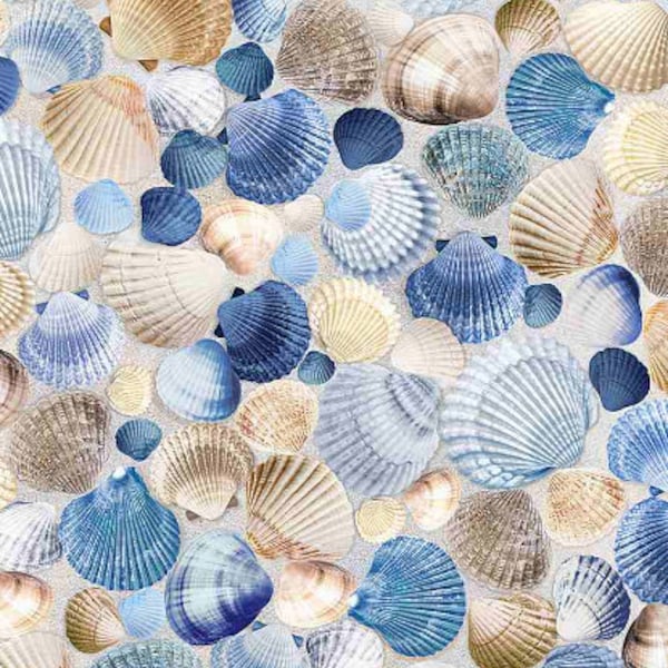 Timeless Treasures - Packed Blue Seashells - Cotton Fabric