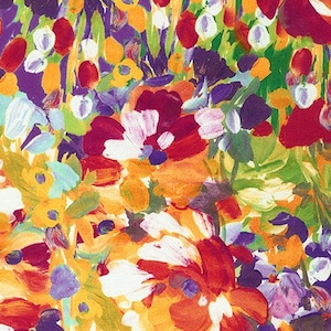 Puede incluir: Patrón floral abstracto con una vibrante mezcla de colores. El diseño presenta pinceladas rojas, naranjas, amarillas, moradas y verdes, creando un aspecto texturizado y artístico. El patrón recuerda a un jardín pintado.