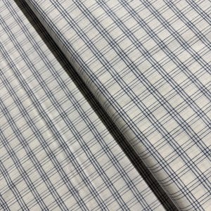 May include: White fabric with a fine blue and white checkered pattern. The fabric is folded in half, showing the pattern on both sides.