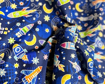 Glow in the Dark Space Fabric: Navy Cotton, Rockets & Stars