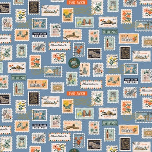 Bon Voyage - Francobolli in tessuto blu metallizzato di Rifle Paper Co. - Metallico - Tessuto di cotone