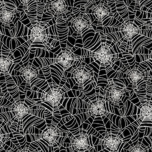 May include: A seamless pattern of white spiderwebs on a black background. The webs are intricate and detailed, with multiple webs overlapping each other.