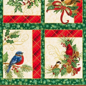 23&quot; Panel - Winter&#39;s Grandeur 8 - Holiday Bird Metallic Panel - Metallic - Cotton Fabric - Sold by 23&quot; x 43&quot; Panel
