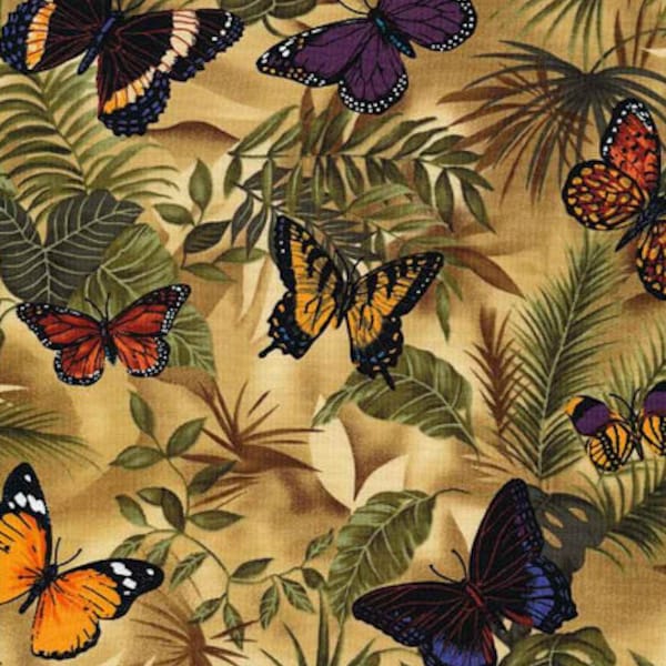 Timeless Treasures - Butterfly Garden - Butterflies on Leaves  - Cotton Fabric