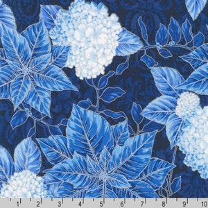 Robert Kaufman - Holiday Flourish-Snow flower - Poinsettia Blooms Navy Silver Fabric - Metallic Cotton Fabric