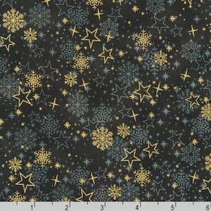 Traditional Trimmings - Gold Stars Snowflakes on Black Fabric - Metallic Cotton Fabric