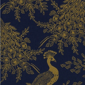 Canvas Fabric - Cotton + Steel - Menagerie - Royal Peacock Navy Canvas Metallic Fabric by Rifle Paper Co.