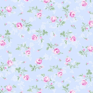 Tossed Antique Rose Blue Fabric - Digital Print - Cotton Fabric