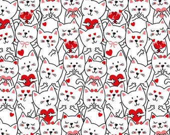 Tissu Smitten Kitten - Des chats emballés avec des coeurs | Gail Cadden Trésors intemporels | Tissu avec des chats