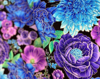 Utopia - Blue Metallic Florals Fabric by Chong-a Hwang - Metallic Cotton Fabric