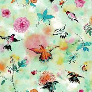 RJR Fabrics - Bloom Bloom Butterfly - Hummingbird Flight Seafoam - Cotton Fabric