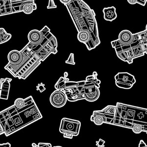 Glow in the Dark - Save the Day - Glowing Rescue Vehicles on Black Fabric by Kanvas Studio - Cotton Fabric