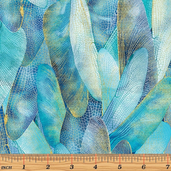 Benartex - Dragonfly Dance - Gilded Wings Aquamarine Metallic Fabric by Kanvas Studio - Metallic - Cotton Fabric