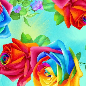 Timeless Treasures - Rainbow Rose - Large Rainbow Roses Aqua Fabric by Chong-a Hwang - Digital Print - Cotton Fabric