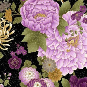 Timeless Treasures - Majestic - Japanese Purple Floral Large Metallic Fabric by Chong-a Hwang - Metallic Cotton Fabric