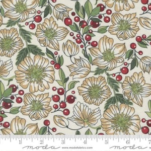 May include: A white fabric with a repeating pattern of beige flowers, green leaves, and red berries. The fabric has a subtle texture and a vintage aesthetic.
