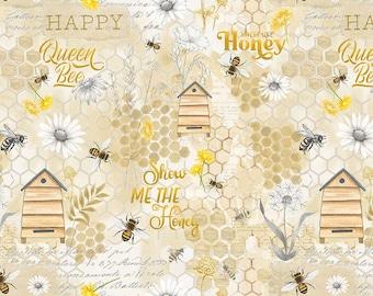 Tissu pour collage abeilles : coton beige par Timeless Treasures