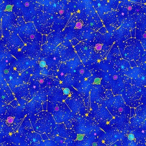 Cosmos Galaxy Constellation Fabric: Blue Metallic Cotton by Chong-a Hwang