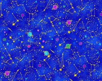 Cosmos Galaxy Constellation Fabric: Blue Metallic Cotton by Chong-a Hwang