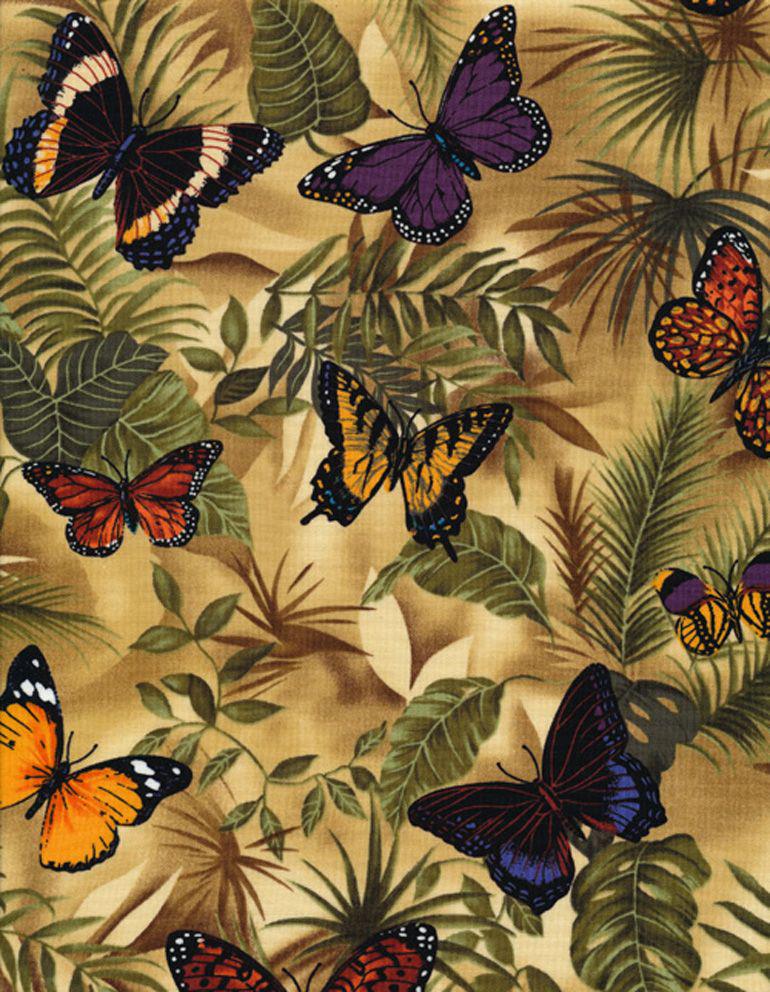 Butterfly Garden - Butterflies on Leaves  - Cotton Fabric