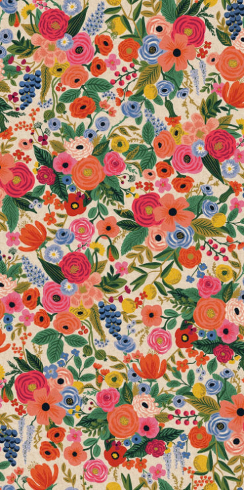 May include: A colorful floral pattern with a variety of flowers in shades of pink, red, orange, yellow, blue, and green. The flowers are arranged in a random pattern on a cream background.