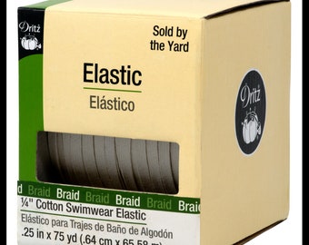 May include: A beige box of 1/4 inch wide elastic for swimwear, sold by the yard. The box is labeled "Dritz Elastic Elástico" and has a measurement of 0.25 inches by 75 yards (0.64 cm by 65.58 m).