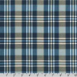 May include: A blue, gray, and white plaid fabric with a repeating pattern. The fabric is measured in inches.