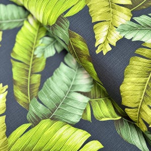 Barkcloth - Sevenberry Island Paradise Barkcloth Leaves on Navy by Sevenberry for Robert Kaufman – Cotton & Flax – 42″ Wide