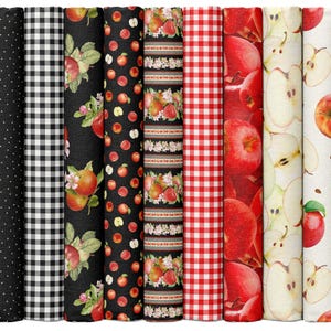 Pu&ograve; includere: Un set di 10 strisce di tessuto con una variet&agrave; di motivi a tema mela. I motivi includono pois neri e bianchi, gingham nero e bianco, gingham rosso e bianco, mele con foglie, mele con fiori e mele con testo.