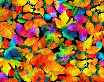 May include: A seamless pattern of colorful leaves in shades of red, orange, yellow, green, blue, and purple. The leaves are arranged in a random pattern and overlap each other. The background is black.