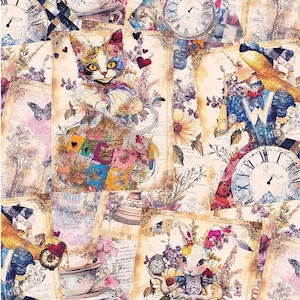 May include: A collage of vintage-style illustrations featuring a cat, Alice in Wonderland, clocks, butterflies, and floral elements. The artwork has a faded, antique aesthetic with a mix of colors, including beige, purple, and yellow. The overall theme is whimsical and fairytale-inspired.