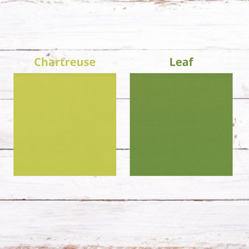 May include: Two color swatches, one labeled "Chartreuse" and the other labeled "Leaf". The "Chartreuse" swatch is a light yellow-green color. The "Leaf" swatch is a darker green color.