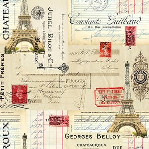 Paris Postcard and Stamps Fabric - Digital Print - Cotton Fabric