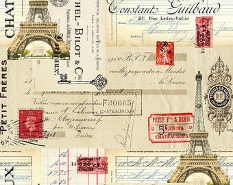 Paris Postcard and Stamps Fabric - Digital Print - Cotton Fabric