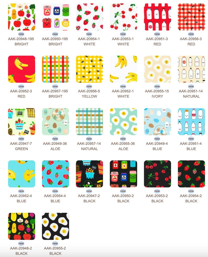 May include: A collection of 18 fabric swatches featuring various patterns and colors. The patterns include strawberries, cherries, bananas, eggs, milk bottles, and a picnic basket. The colors include red, white, yellow, green, blue, and black.