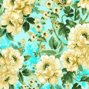 Decadent Garden - Florals Aqua Metallic - Cotton Fabric