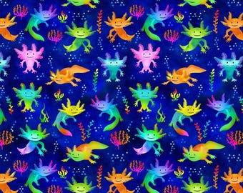 Stof Oceana Axolotl Salamanders – Regenboog onderwaterprint | Gail Cadden voor tijdloze schatten | Quiltkatoen