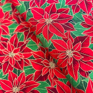 Holiday Flourish (15) - Holiday Poinsettias Gold - Metallic Cotton Fabric