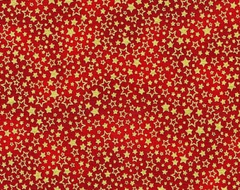 Holiday Charms - Gold Stars on Red Metallic - Cotton Fabric