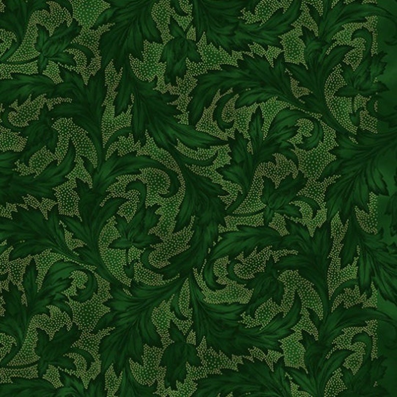 May include: A seamless pattern featuring a repeating design of green leaves with a gold glitter background.