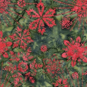 May include: A fabric featuring a batik pattern with vibrant red snowflake designs scattered across a mottled, dark olive green background. The textile displays a repeating motif of intricate, stylized floral-like shapes in shades of red.