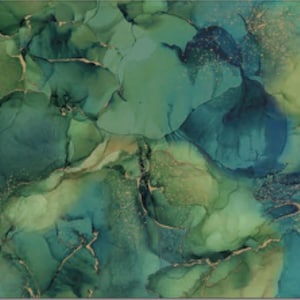 Puede incluir: Obra de arte abstracta con un diseño fluido en tonos verdes y azules, con vetas doradas. La obra tiene un efecto marmolado, con el texto "B27630-78" en la esquina inferior izquierda. El efecto general recuerda a la piedra natural.