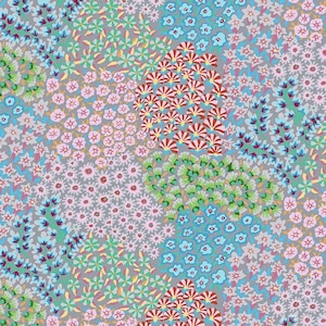 May include: A fabric pattern featuring a dense arrangement of small flowers in shades of pink, light blue, green, and red against a solid gray background. The design includes clusters of tiny blossoms, fan-shaped petals, and leafy sprigs.