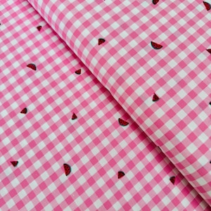 Carolina Shore Prints Watermelons Candy Pink Fabric by Robert Kaufman – 100% Cotton Overprinted Yarn-Dyed Gingham – 43″ Wide